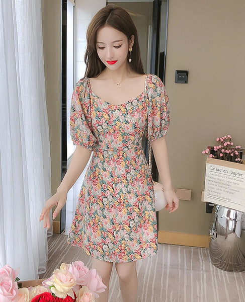 Look Great Summer Chic Women Fashion Colorful Chiffon Floral Short Sleeve A-Line Dress