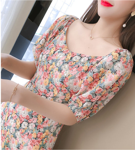 Look Great Summer Chic Women Fashion Colorful Chiffon Floral Short Sleeve A-Line Dress