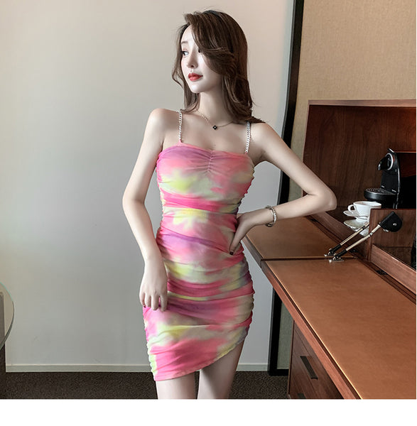 Beautiful Summer Fashion Sexy Women Rainbow Strap Sling Gradient Color Mini Dress