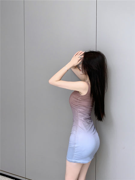 Temperament Summer Women Gradient Mesh Elastic Fit High Waist Hip Bodycon Dress