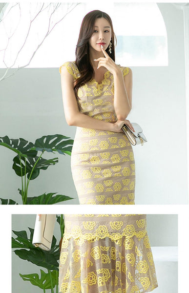 Perfect Look Summer Temperament Ladies V-Neck Mid Length Ruffled Lace Fishtail Skirt Dress