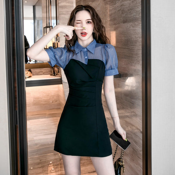 Summer Temperament Cozy Women Collar Stitching Folds Short Sleeves Fit Hip Dress