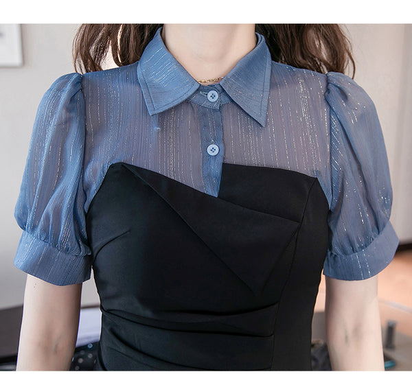 Summer Temperament Cozy Women Collar Stitching Folds Short Sleeves Fit Hip Dress