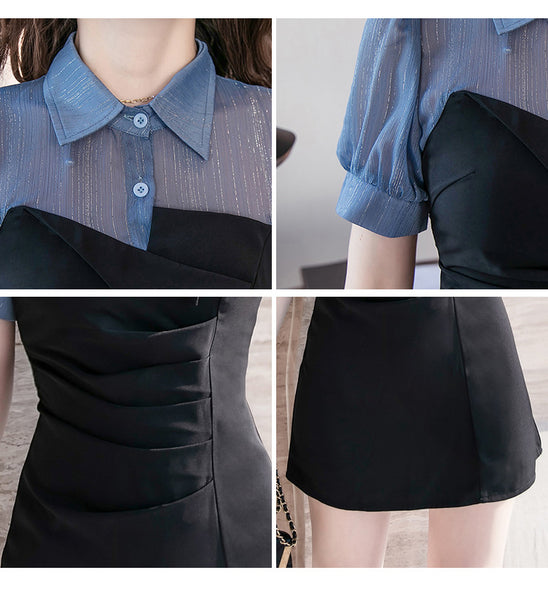 Summer Temperament Cozy Women Collar Stitching Folds Short Sleeves Fit Hip Dress