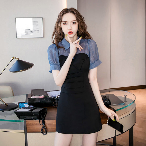 Summer Temperament Cozy Women Collar Stitching Folds Short Sleeves Fit Hip Dress