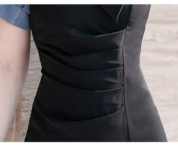 Summer Temperament Cozy Women Collar Stitching Folds Short Sleeves Fit Hip Dress