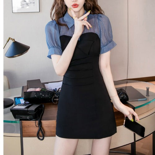 Summer Temperament Cozy Women Collar Stitching Folds Short Sleeves Fit Hip Dress
