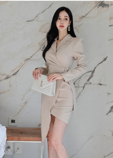 Amazing Sexy Elegant Women Long Sleeves Suit Collar Design Waist Irregular Hem Dress