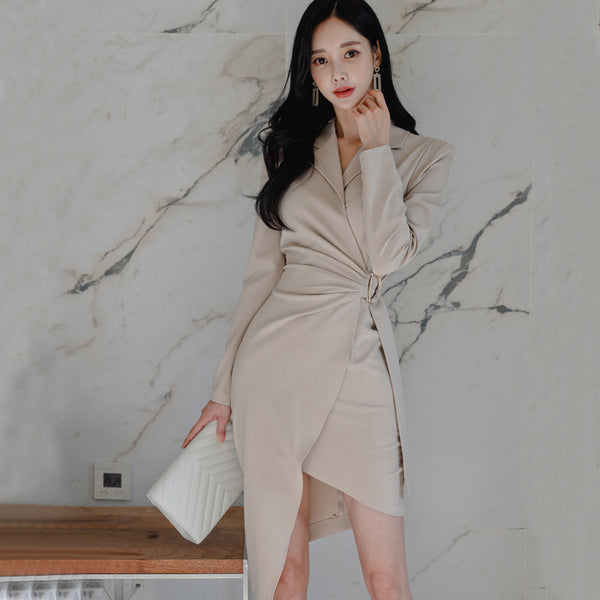 Amazing Sexy Elegant Women Long Sleeves Suit Collar Design Waist Irregular Hem Dress