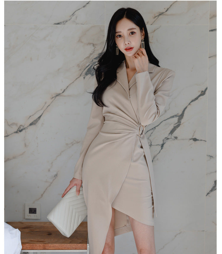 Amazing Sexy Elegant Women Long Sleeves Suit Collar Design Waist Irregular Hem Dress