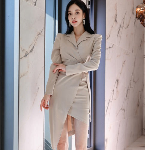 Amazing Sexy Elegant Women Long Sleeves Suit Collar Design Waist Irregular Hem Dress
