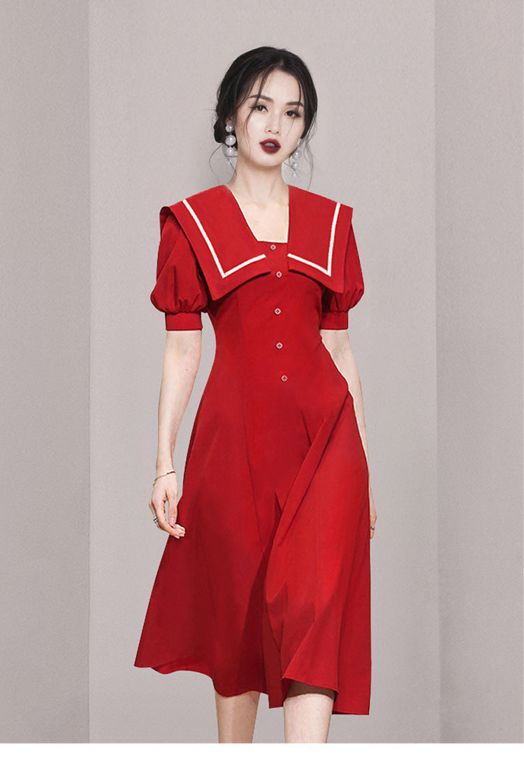 Summer Women Sailor Navy Style Red Collar Large Lapel High Waist Big Swing Dress