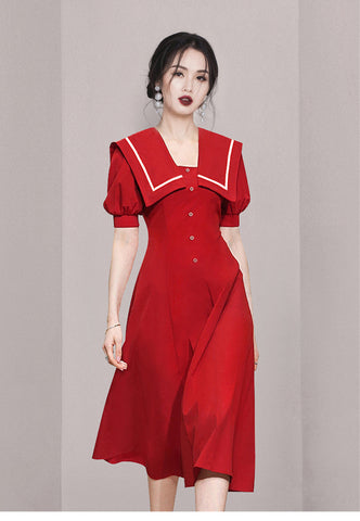 Summer Women Sailor Navy Style Red Collar Large Lapel High Waist Big Swing Dress