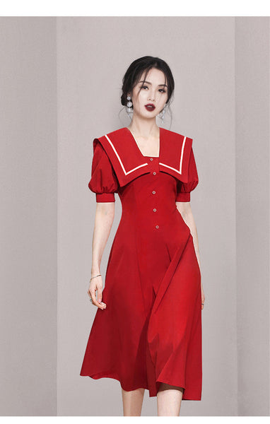 Summer Women Sailor Navy Style Red Collar Large Lapel High Waist Big Swing Dress