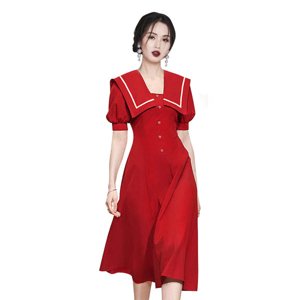 Summer Women Sailor Navy Style Red Collar Large Lapel High Waist Big Swing Dress