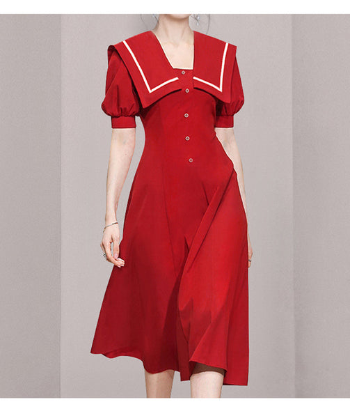 Summer Women Sailor Navy Style Red Collar Large Lapel High Waist Big Swing Dress