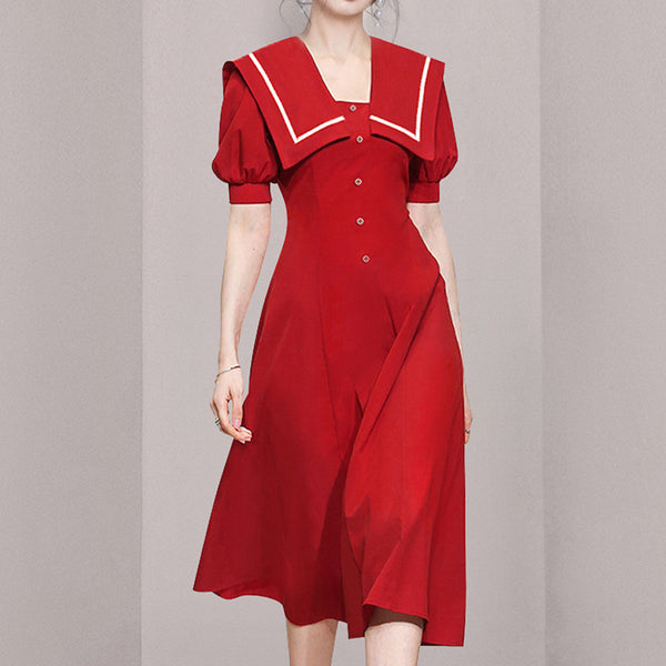 Summer Women Sailor Navy Style Red Collar Large Lapel High Waist Big Swing Dress