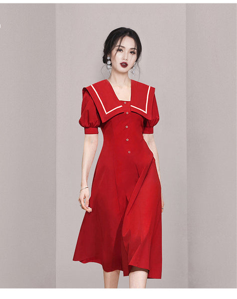 Summer Women Sailor Navy Style Red Collar Large Lapel High Waist Big Swing Dress