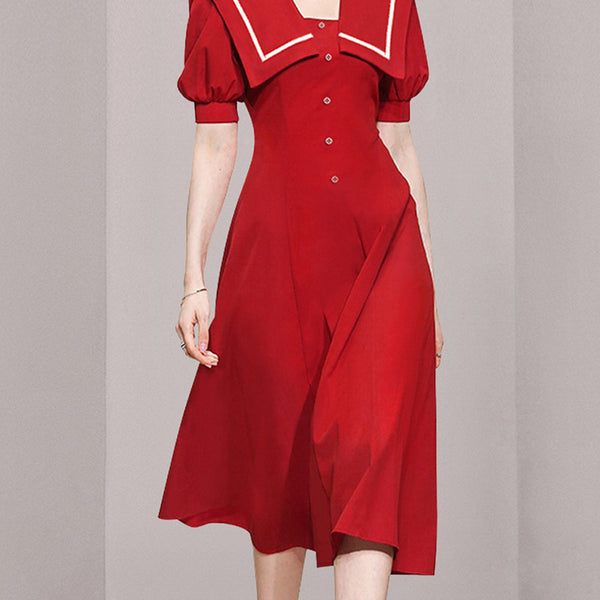 Summer Women Sailor Navy Style Red Collar Large Lapel High Waist Big Swing Dress
