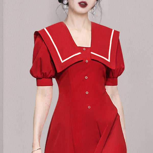 Summer Women Sailor Navy Style Red Collar Large Lapel High Waist Big Swing Dress