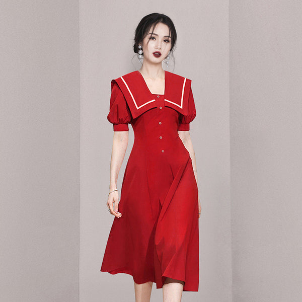 Summer Women Sailor Navy Style Red Collar Large Lapel High Waist Big Swing Dress