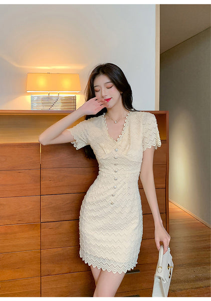 Summer Women Sexy Temperament Nice Apricot Low Cut V Neck Lace Ruffles Bodycon Dress