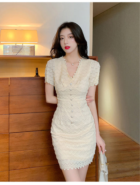 Summer Women Sexy Temperament Nice Apricot Low Cut V Neck Lace Ruffles Bodycon Dress