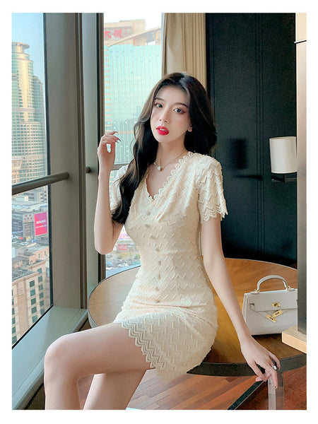 Summer Women Sexy Temperament Nice Apricot Low Cut V Neck Lace Ruffles Bodycon Dress