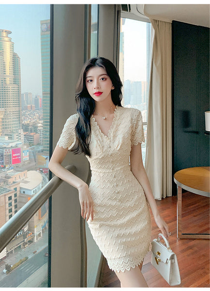 Summer Women Sexy Temperament Nice Apricot Low Cut V Neck Lace Ruffles Bodycon Dress