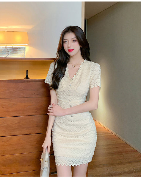 Summer Women Sexy Temperament Nice Apricot Low Cut V Neck Lace Ruffles Bodycon Dress