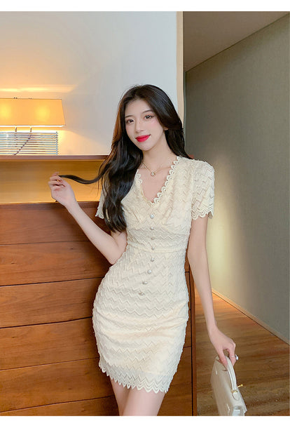 Summer Women Sexy Temperament Nice Apricot Low Cut V Neck Lace Ruffles Bodycon Dress