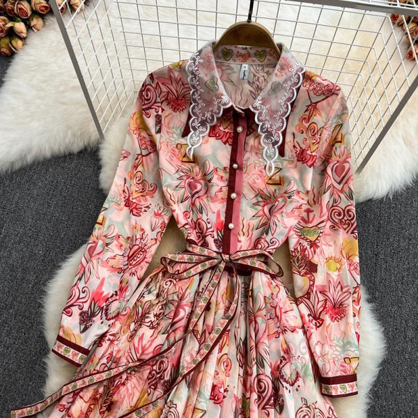 Spring Great Look Temperament Elegant Women Polo Neck Long Sleeves A Line Graphic Pattern Pleated Dress