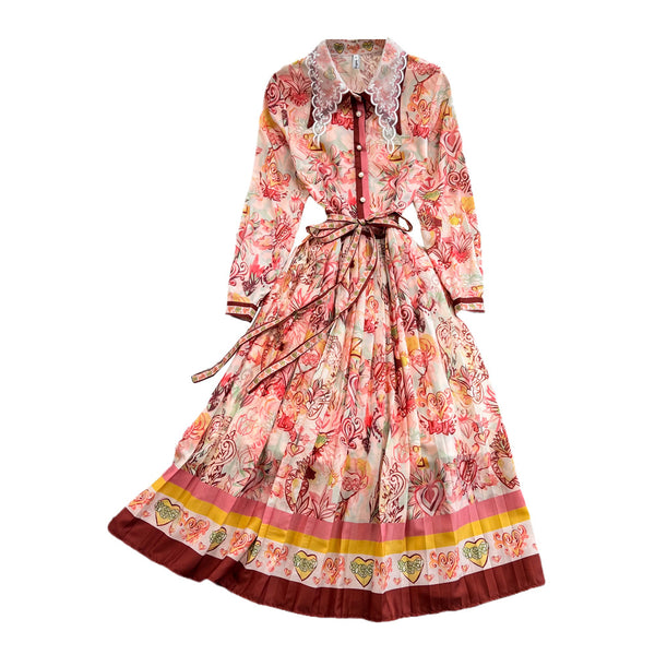 Spring Great Look Temperament Elegant Women Polo Neck Long Sleeves A Line Graphic Pattern Pleated Dress