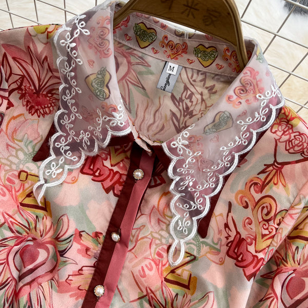 Spring Great Look Temperament Elegant Women Polo Neck Long Sleeves A Line Graphic Pattern Pleated Dress