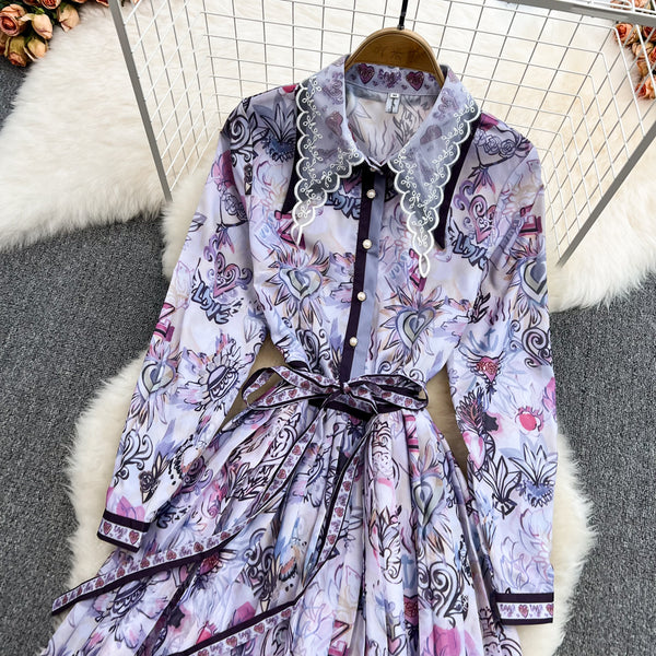 Spring Great Look Temperament Elegant Women Polo Neck Long Sleeves A Line Graphic Pattern Pleated Dress