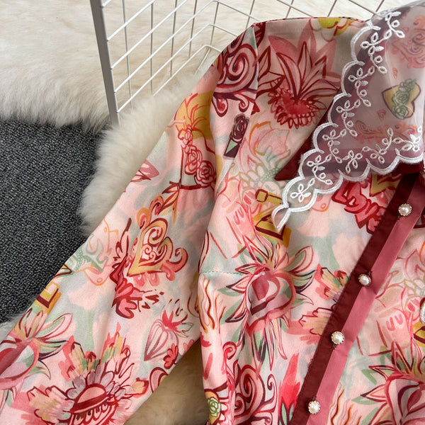 Spring Great Look Temperament Elegant Women Polo Neck Long Sleeves A Line Graphic Pattern Pleated Dress