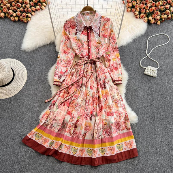 Spring Great Look Temperament Elegant Women Polo Neck Long Sleeves A Line Graphic Pattern Pleated Dress