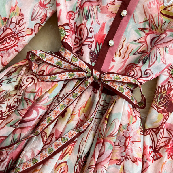 Spring Great Look Temperament Elegant Women Polo Neck Long Sleeves A Line Graphic Pattern Pleated Dress