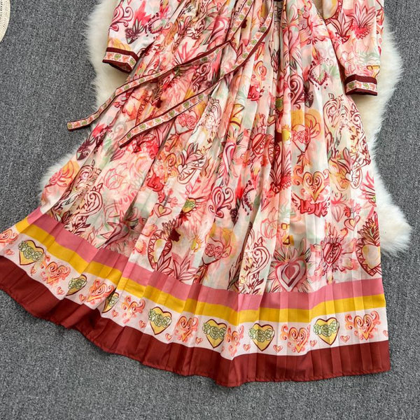 Spring Great Look Temperament Elegant Women Polo Neck Long Sleeves A Line Graphic Pattern Pleated Dress