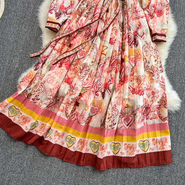 Spring Great Look Temperament Elegant Women Polo Neck Long Sleeves A Line Graphic Pattern Pleated Dress