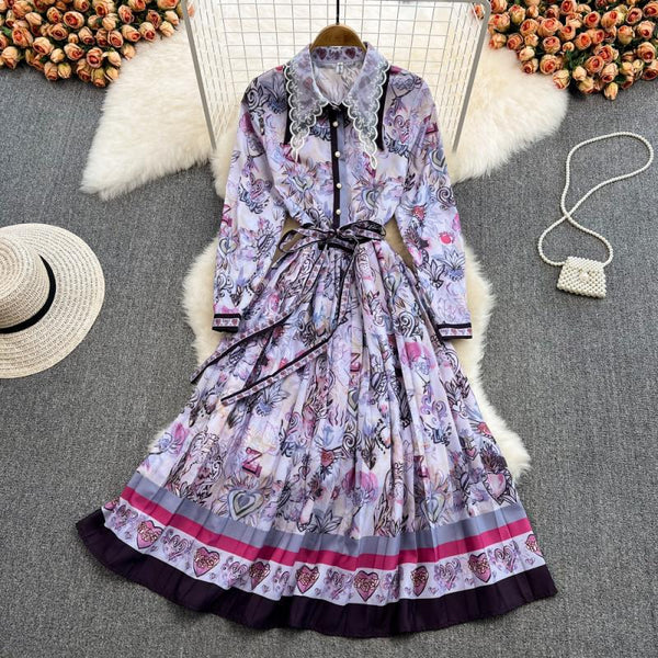Spring Great Look Temperament Elegant Women Polo Neck Long Sleeves A Line Graphic Pattern Pleated Dress