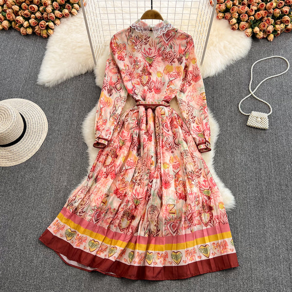 Spring Great Look Temperament Elegant Women Polo Neck Long Sleeves A Line Graphic Pattern Pleated Dress