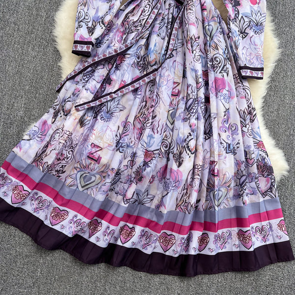 Spring Great Look Temperament Elegant Women Polo Neck Long Sleeves A Line Graphic Pattern Pleated Dress