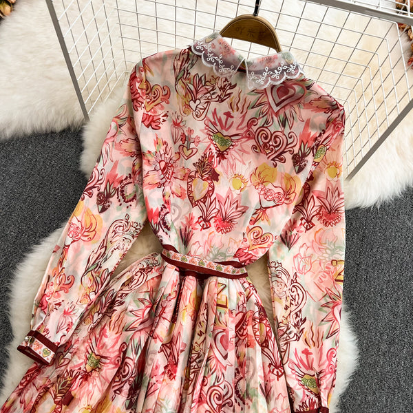 Spring Great Look Temperament Elegant Women Polo Neck Long Sleeves A Line Graphic Pattern Pleated Dress