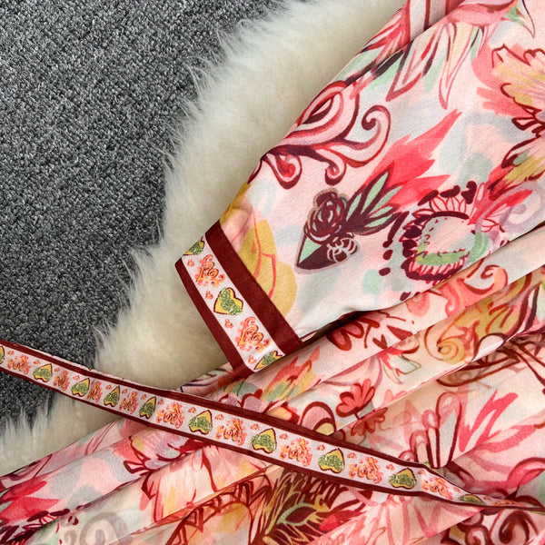 Spring Great Look Temperament Elegant Women Polo Neck Long Sleeves A Line Graphic Pattern Pleated Dress