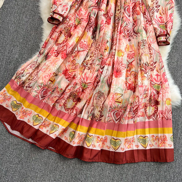 Spring Great Look Temperament Elegant Women Polo Neck Long Sleeves A Line Graphic Pattern Pleated Dress