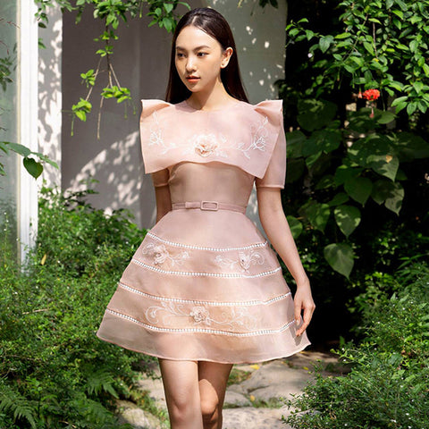 Cyber Fashion Design Summer new Organza Square Collar Texture 3D Embroidery Floral Flowers Ladies Dress Skirt