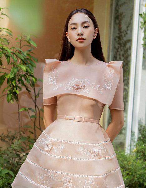 Cyber Fashion Design Summer new Organza Square Collar Texture 3D Embroidery Floral Flowers Ladies Dress Skirt