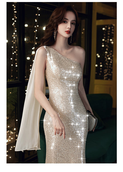Gorgeous Sparkly Evening Sexy Elegant Women Banquet Temperament One Shoulder Wink Blink Fishtail Dress
