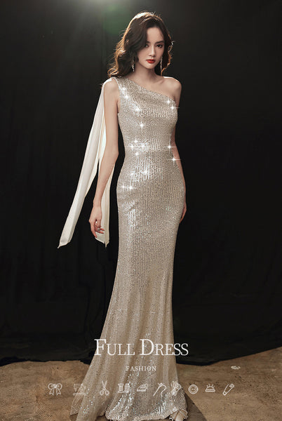 Gorgeous Sparkly Evening Sexy Elegant Women Banquet Temperament One Shoulder Wink Blink Fishtail Dress